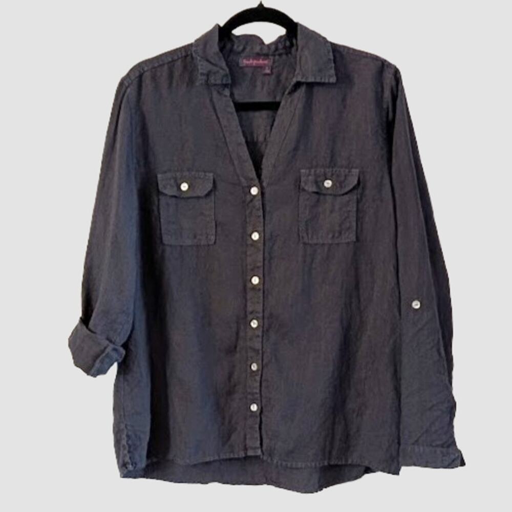 Fresh Produce 100% Linen Button Up Shirt M Blue Roll Tab Coastal